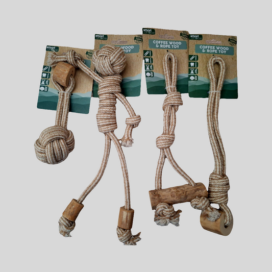 Natural Coffee Wood & Rope Dog Toy Set- Eco-Friendly Chew Toy for Dogs